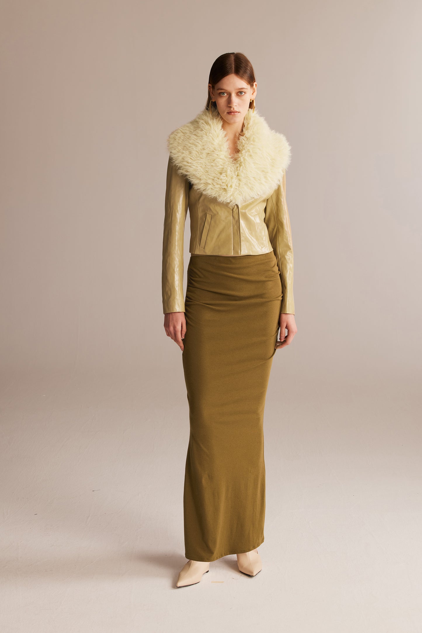 Olive-brown Faux Fur Collar Short Leather Coat