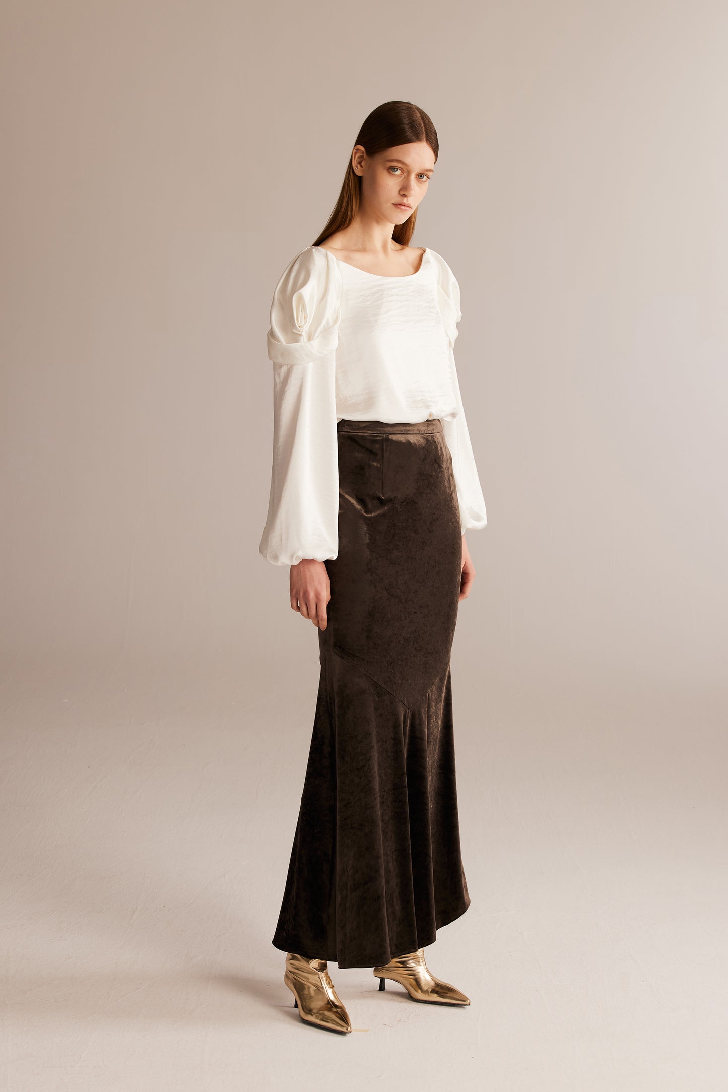 Coffee Acetate Velvet Flare Skirt