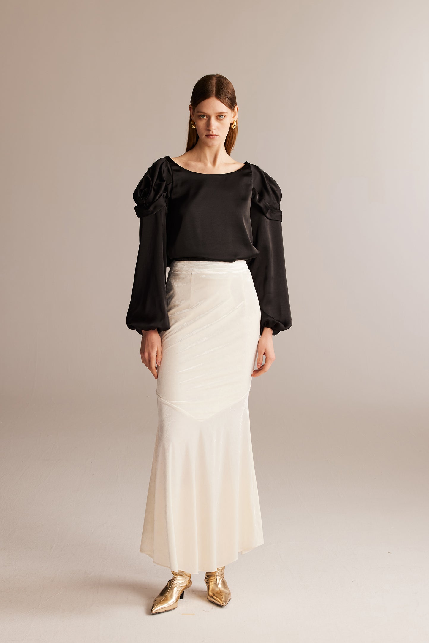 White Acetate Velvet Flare Skirt