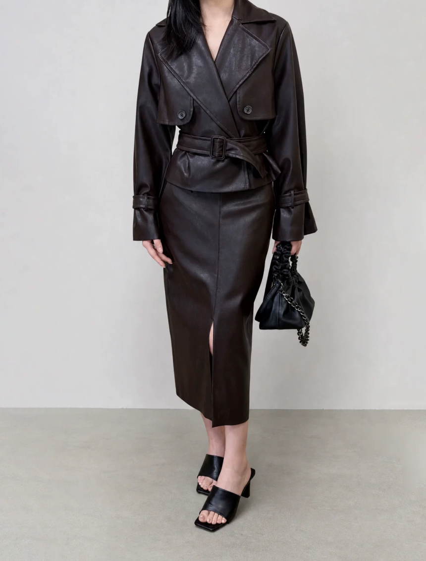 Belted Vegan Leather Trench Coat