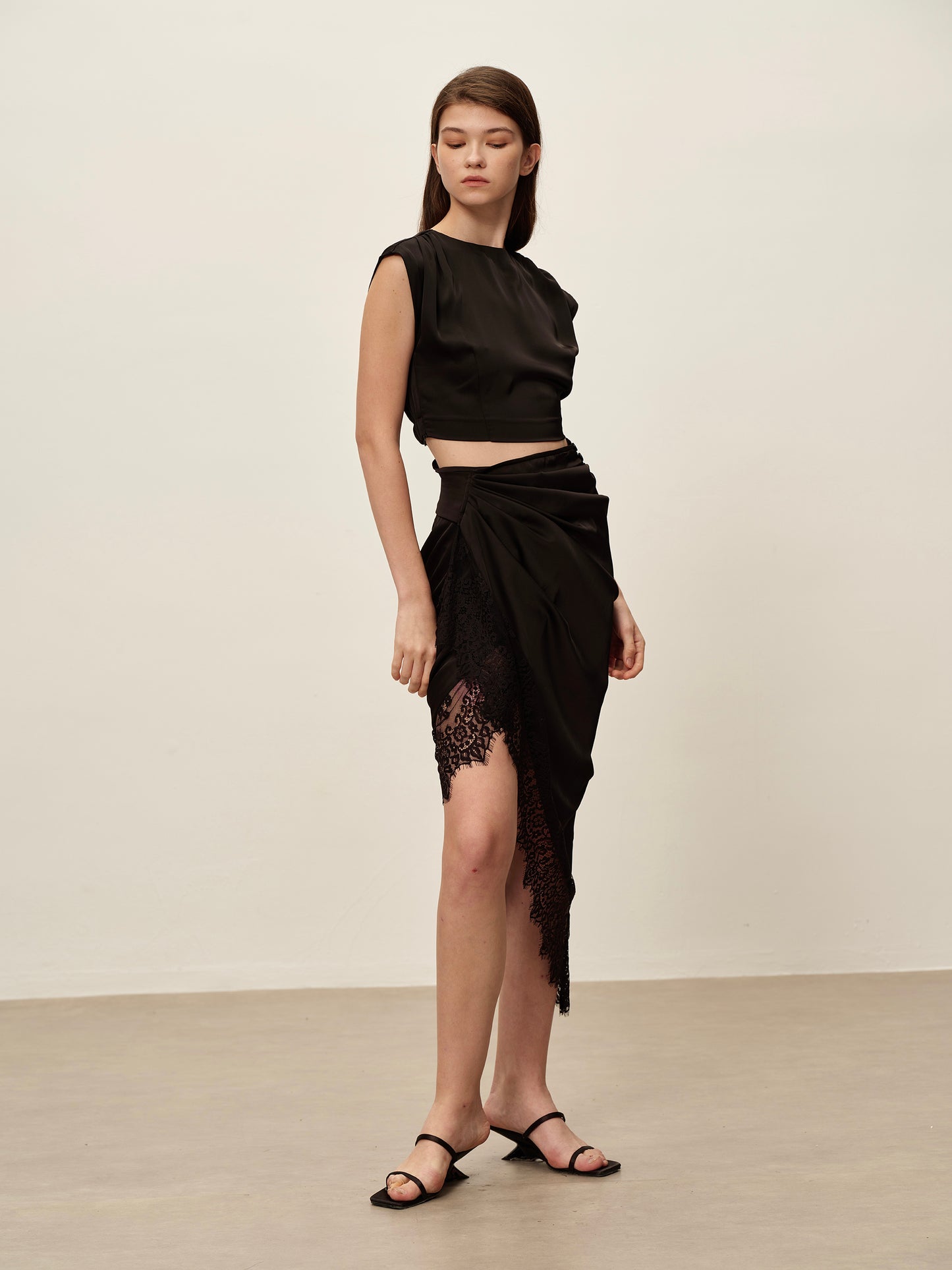 Black Lace-Trimmed Midi Skirt
