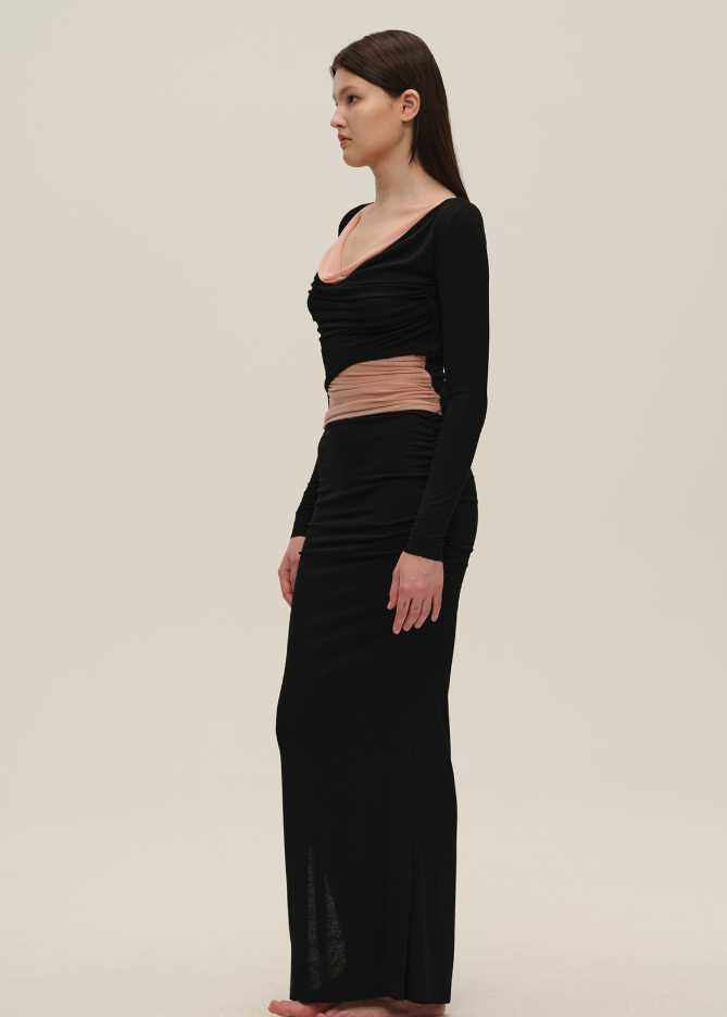 Black Colourblock Mesh Cowl-Neck Top