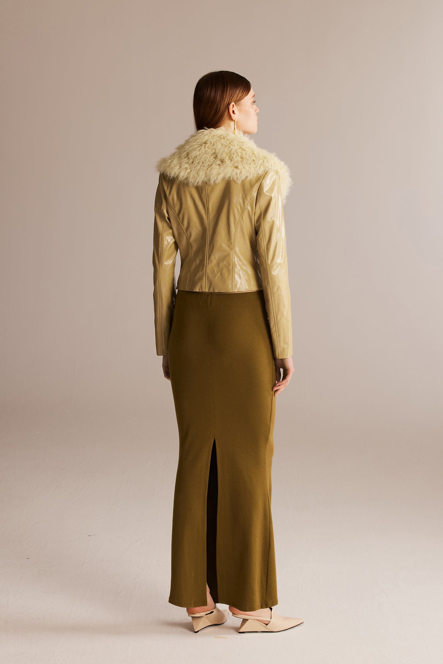 Olive-brown Faux Fur Collar Short Leather Coat