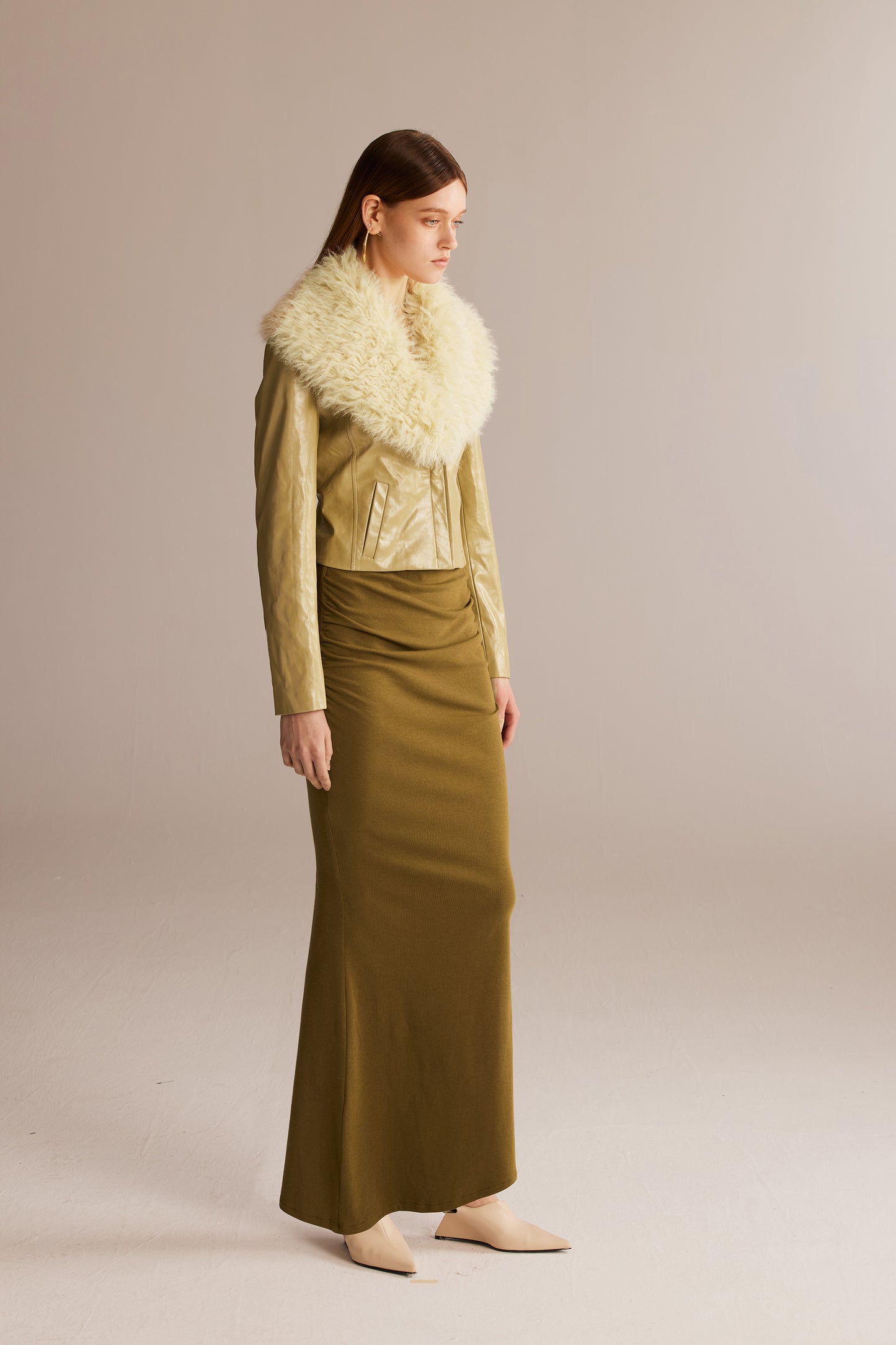 Olive-brown Faux Fur Collar Short Leather Coat