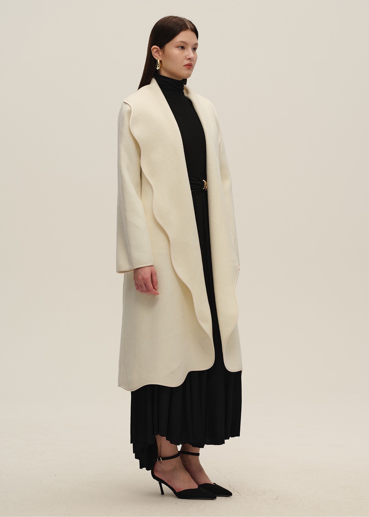 White Lace-Trim Double-Face Wool Coat