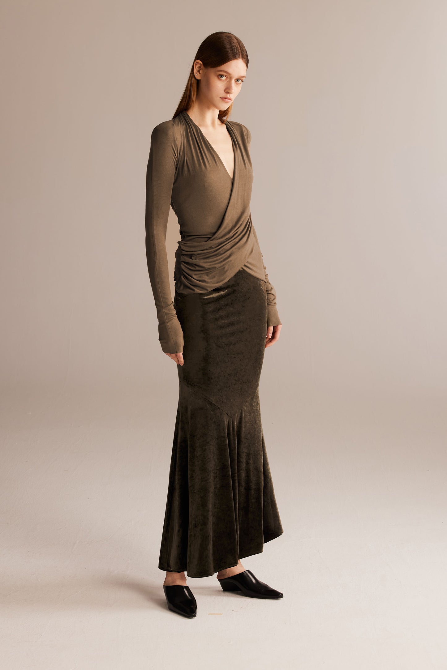Khaki Crossover Pleated Top