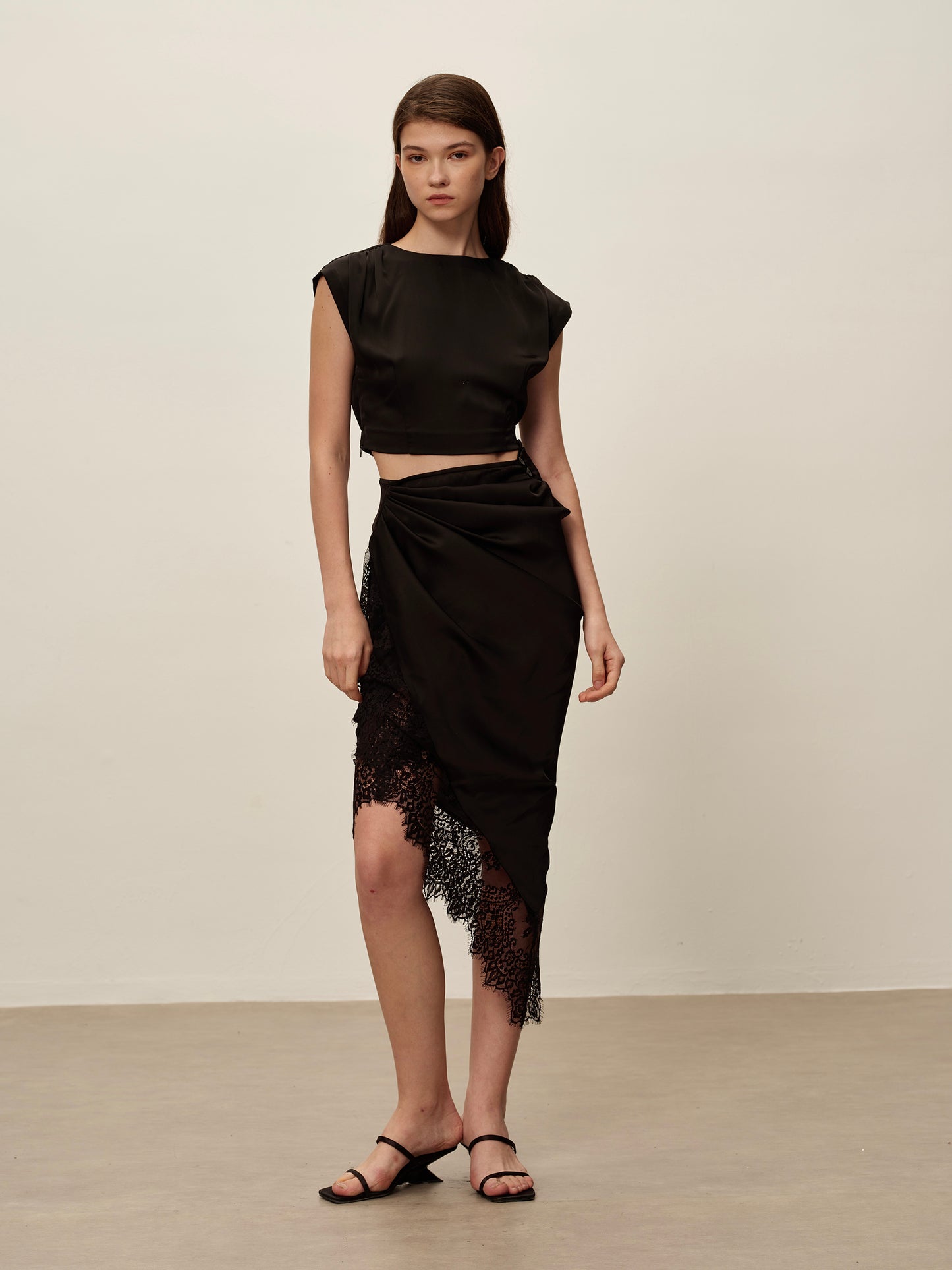 Black Lace-Trimmed Midi Skirt