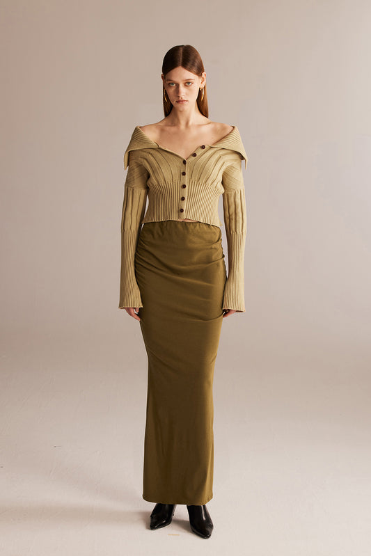 Olive-brown Roman Column Texture Cardigan