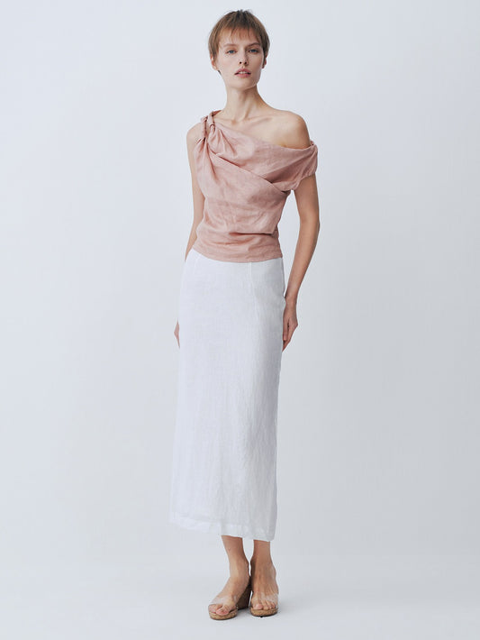 Pink double-tie one-shoulder linen top