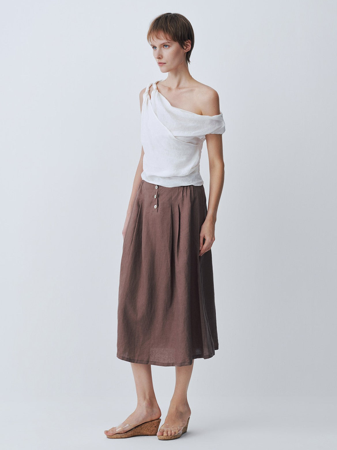 White double-tie one-shoulder linen top