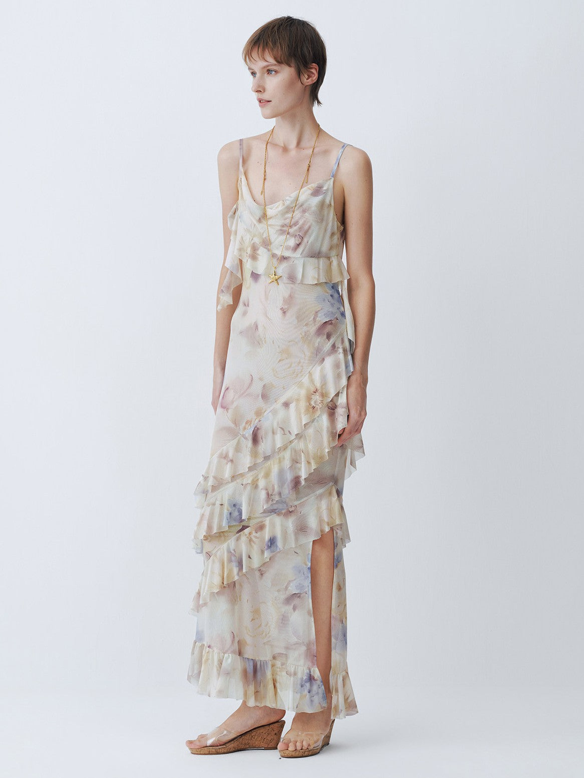 Yellow printed halter dress
