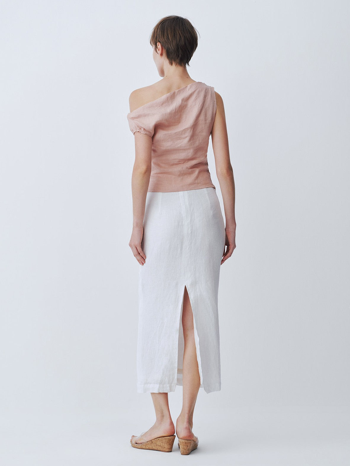 Pink double-tie one-shoulder linen top