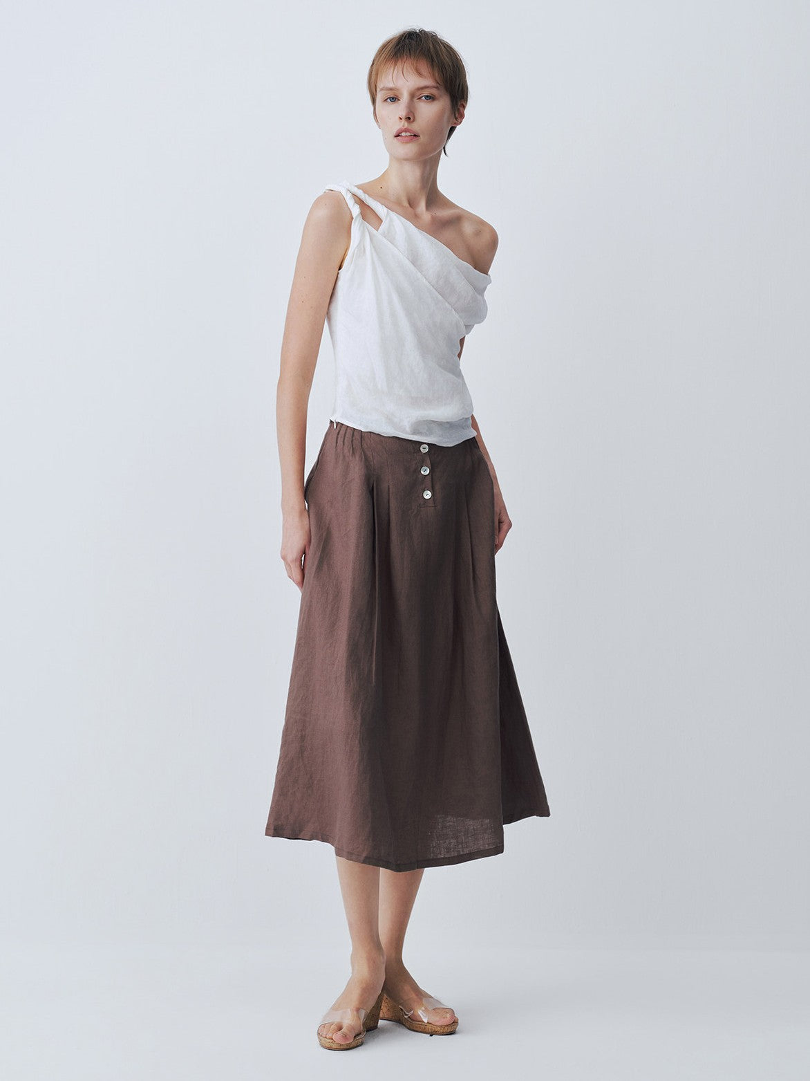 White double-tie one-shoulder linen top