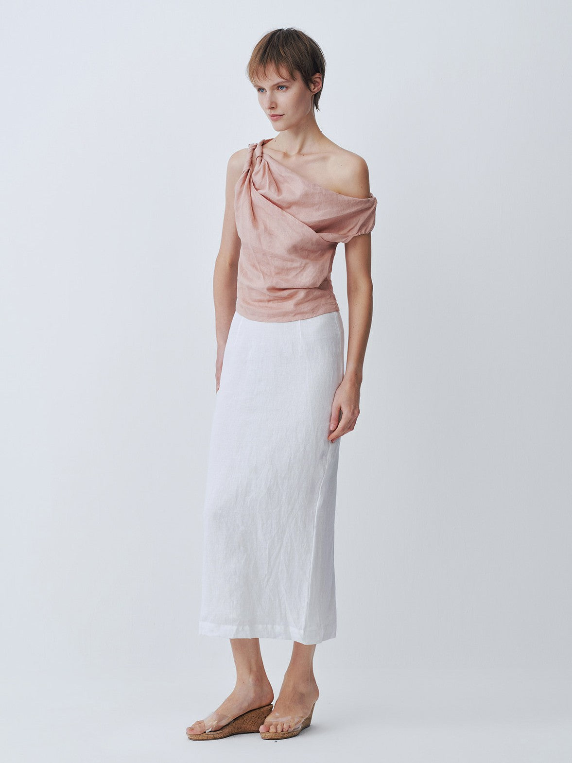 Pink double-tie one-shoulder linen top