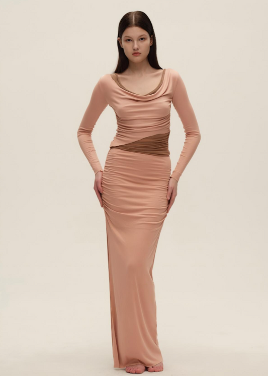 Pink Colourblock Mesh Cowl-Neck Top