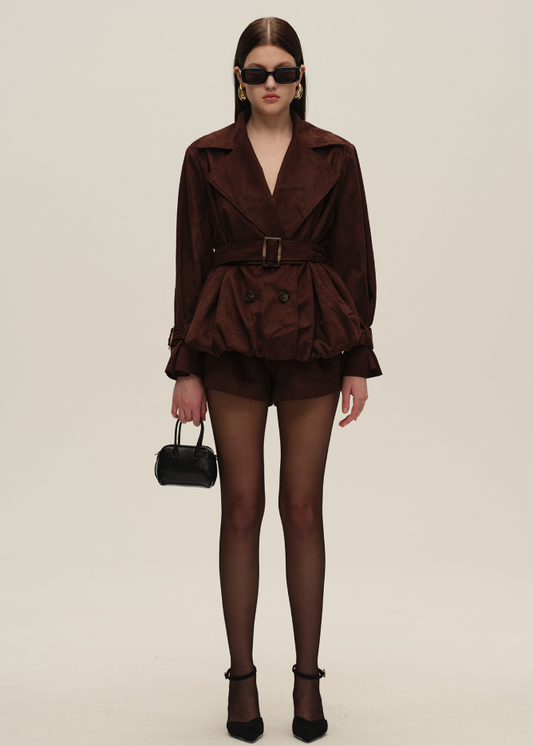 Burgundy Suede Belted Leather Trench