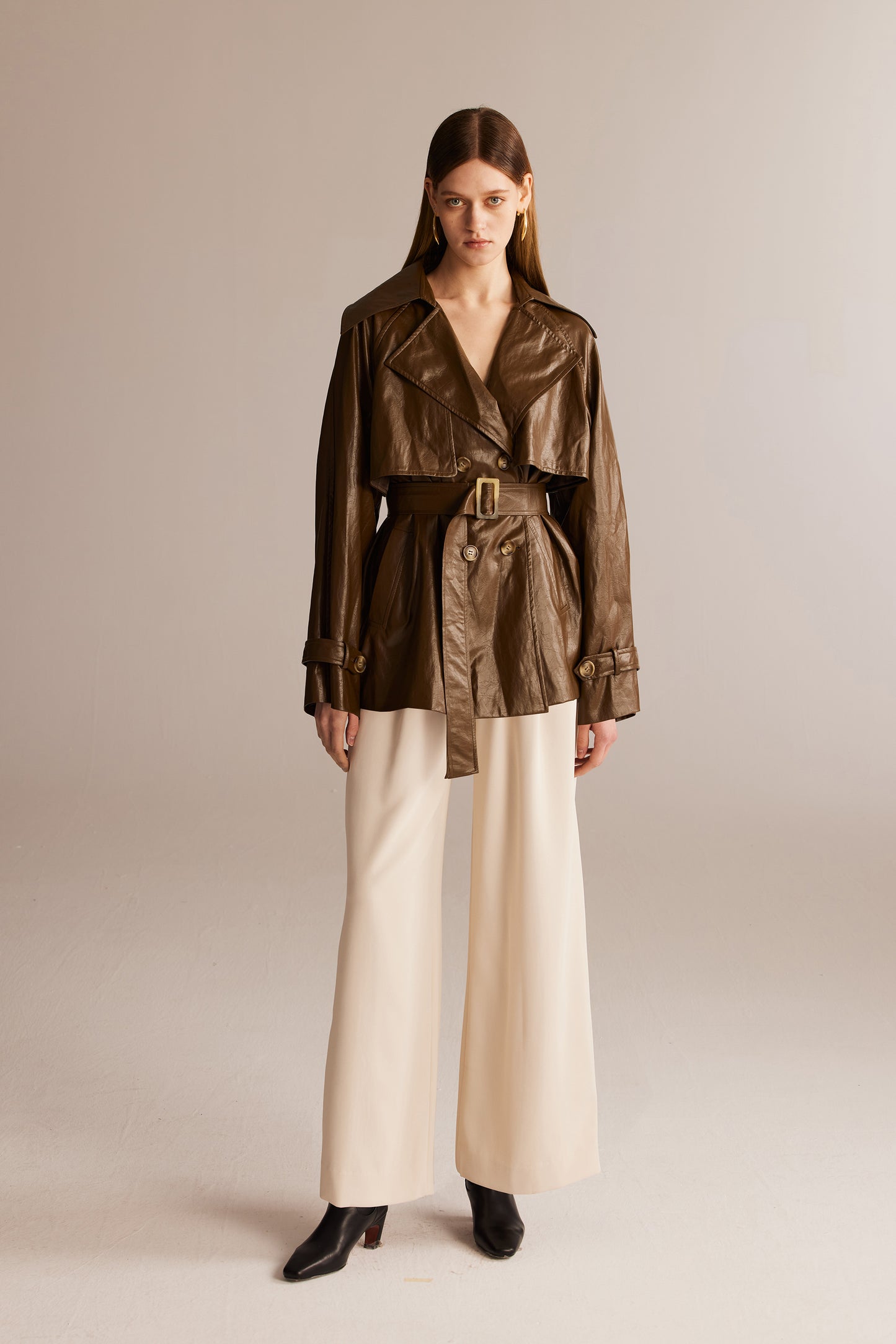 Coffee Short Leather Trench Coat