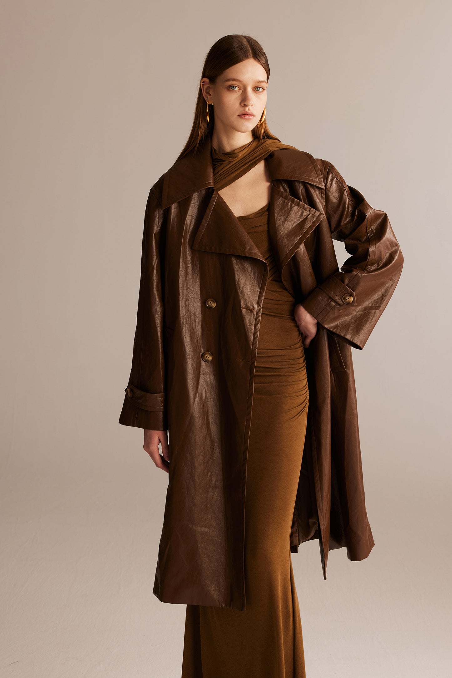 Coffee Leather Trench Coat