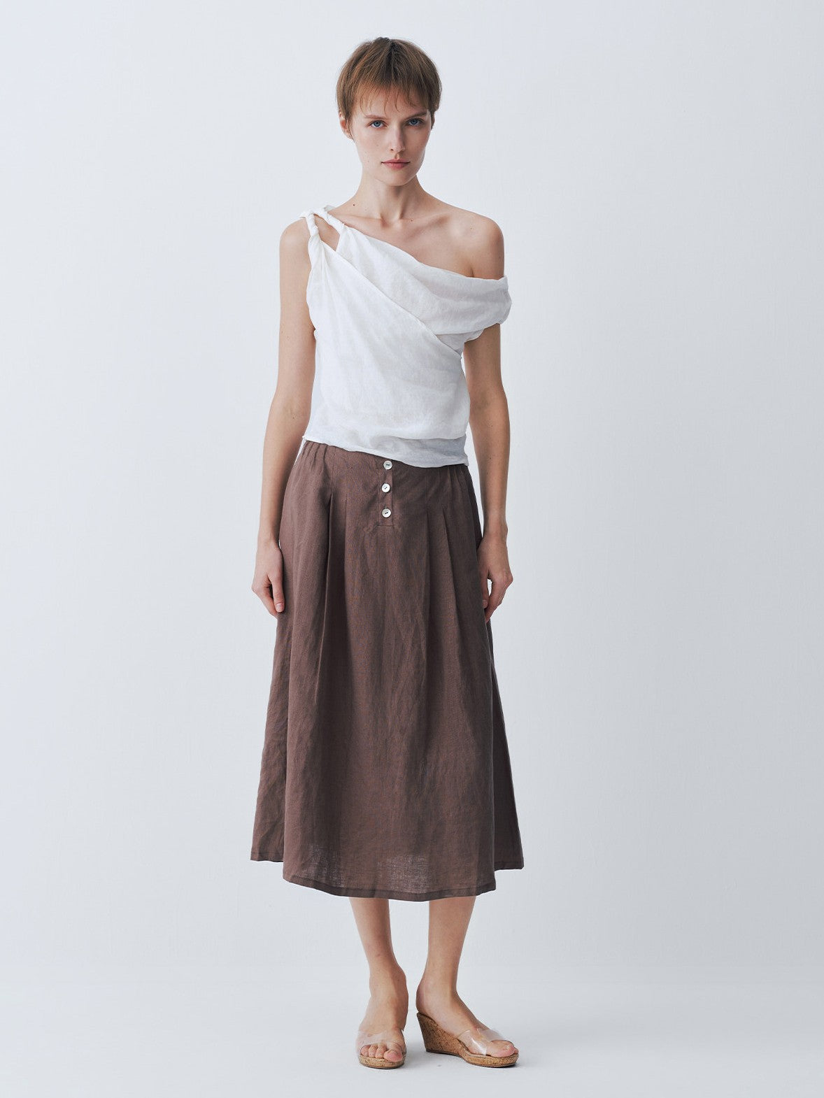 White double-tie one-shoulder linen top