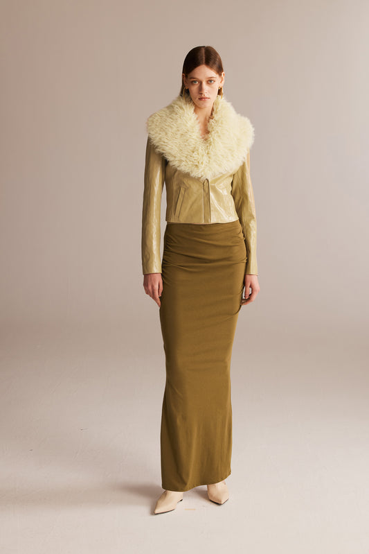 Olive-brown Faux Fur Collar Short Leather Coat