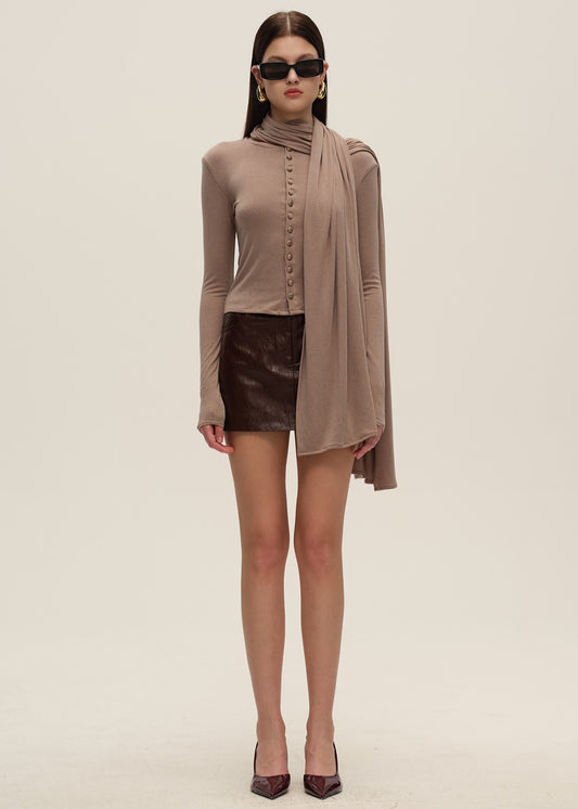 Purple-Grey Cardigan with Decorative Scarf Detail