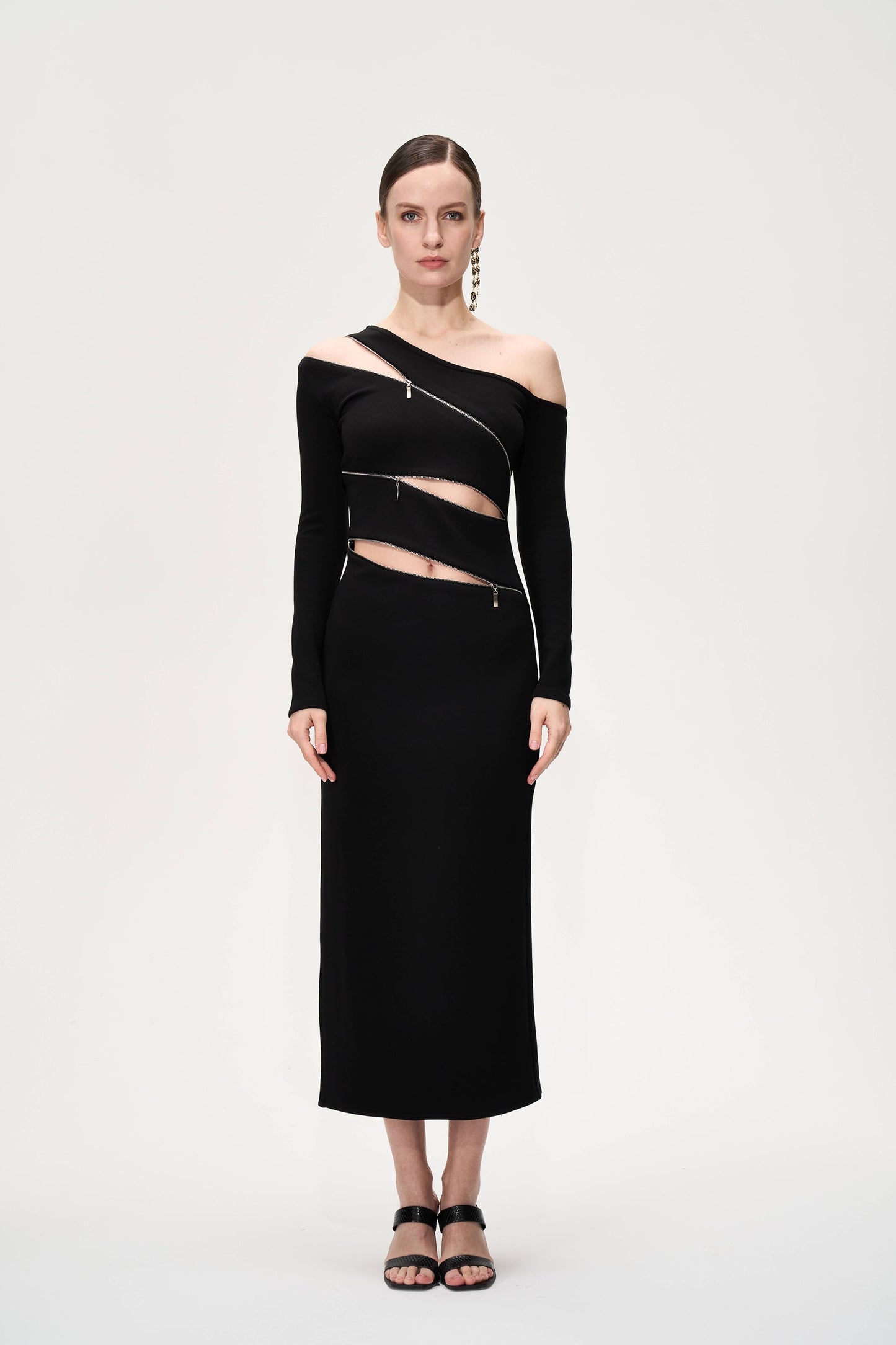Zipper Ripped Hole  Decorated Dress