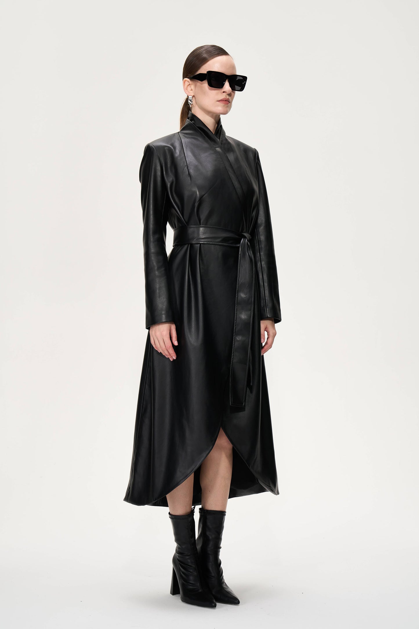 Sleek Belted Leather Trench Coat