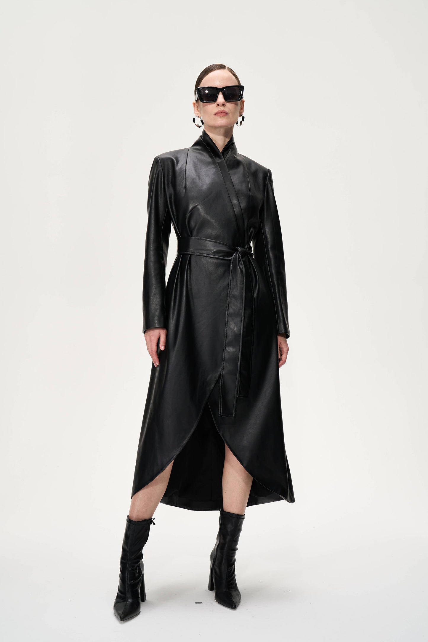 Sleek Belted Leather Trench Coat
