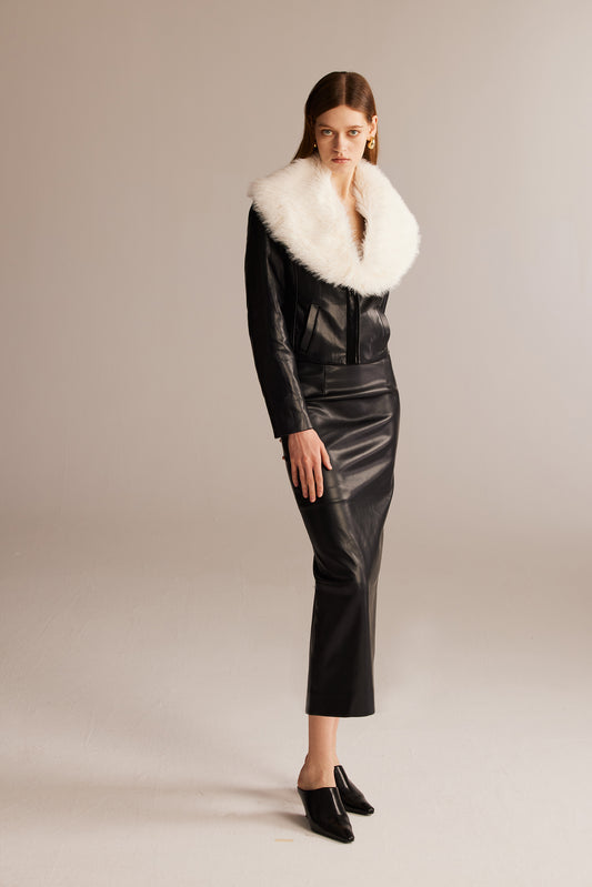 Black Faux Fur Collar Short Leather Coat