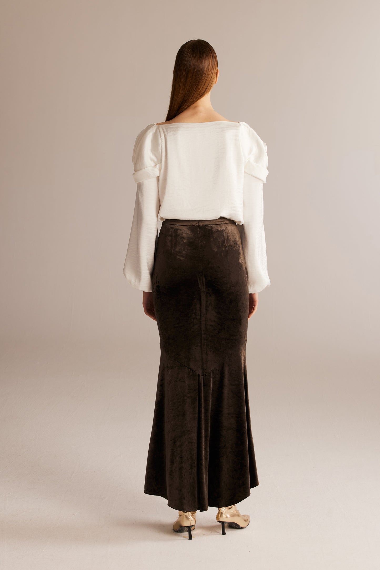 Coffee Acetate Velvet Flare Skirt