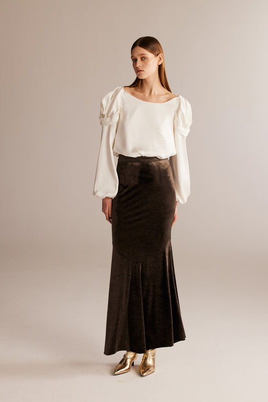 Coffee Acetate Velvet Flare Skirt