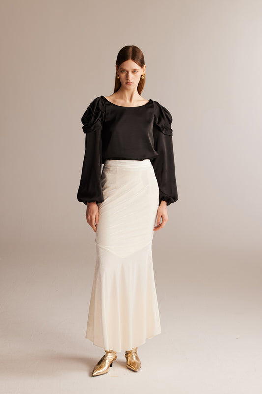 White Acetate Velvet Flare Skirt