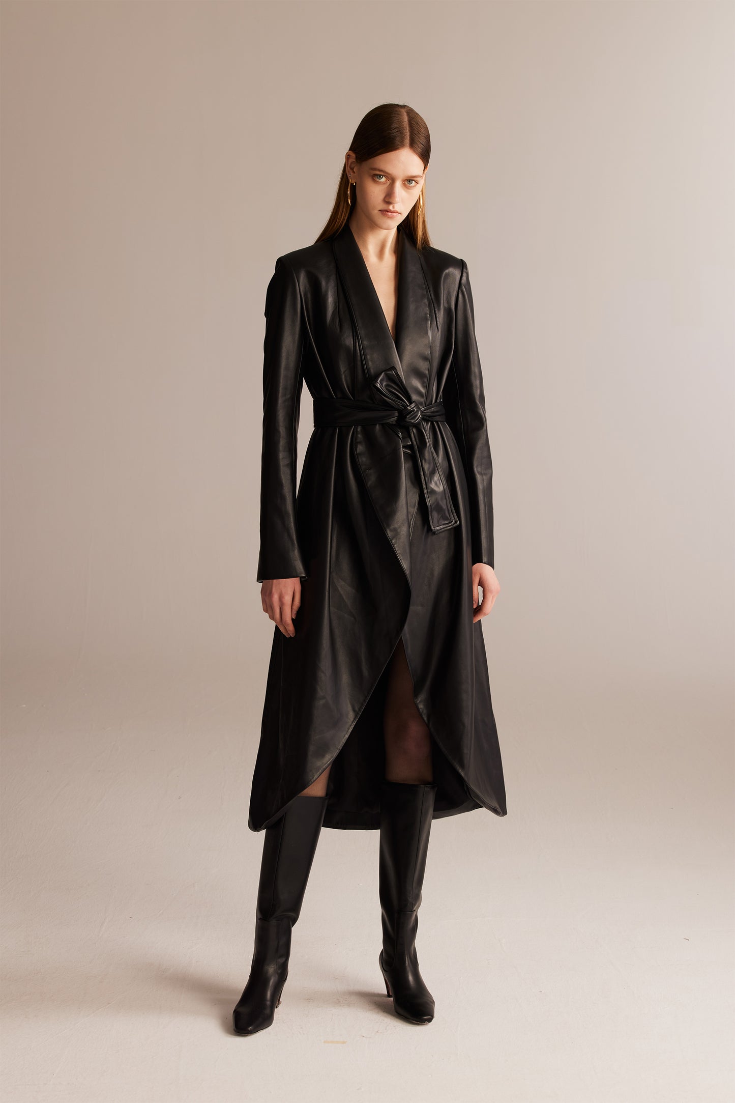 Black Wrap-around Leather Trench Coat