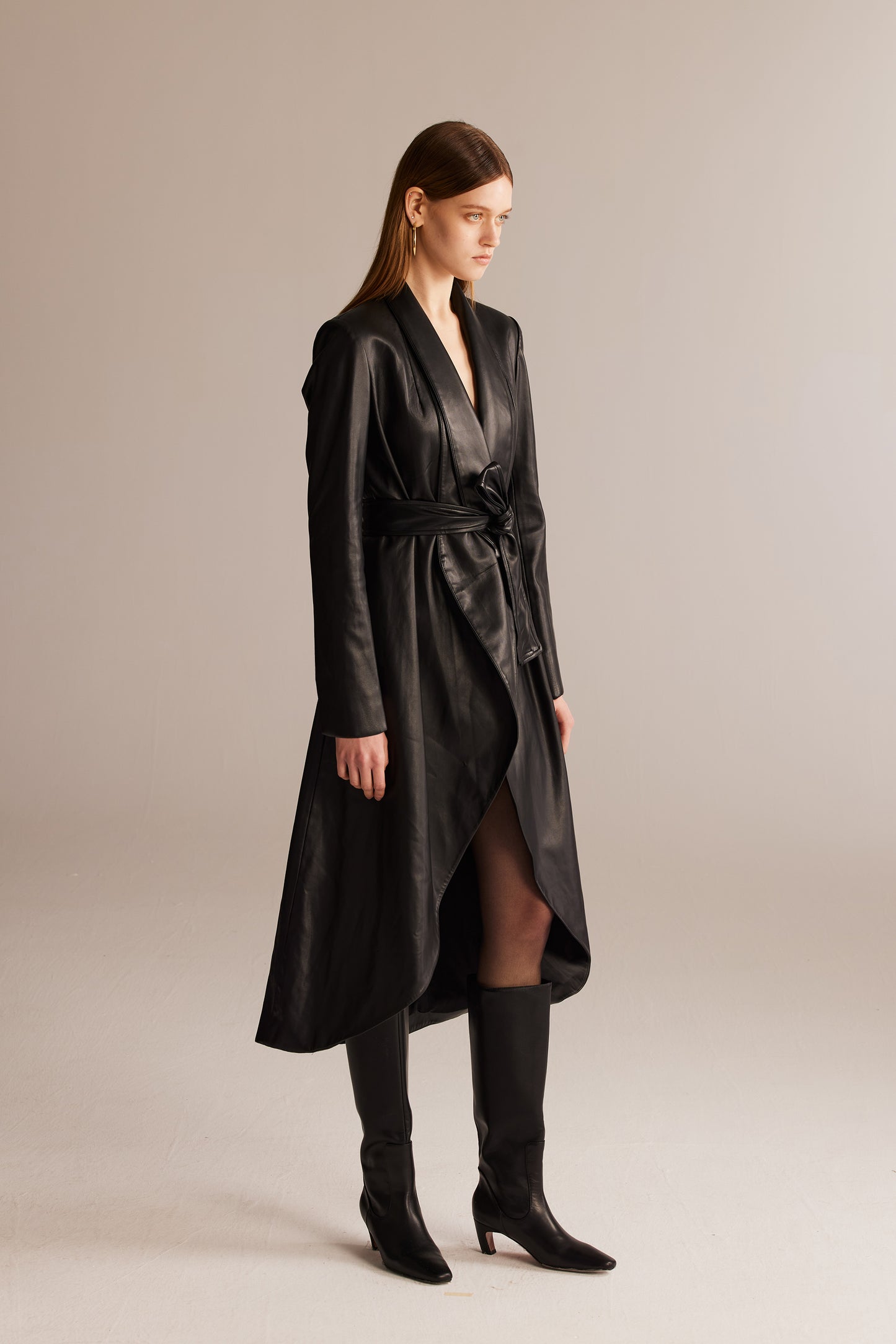 Black Wrap-around Leather Trench Coat