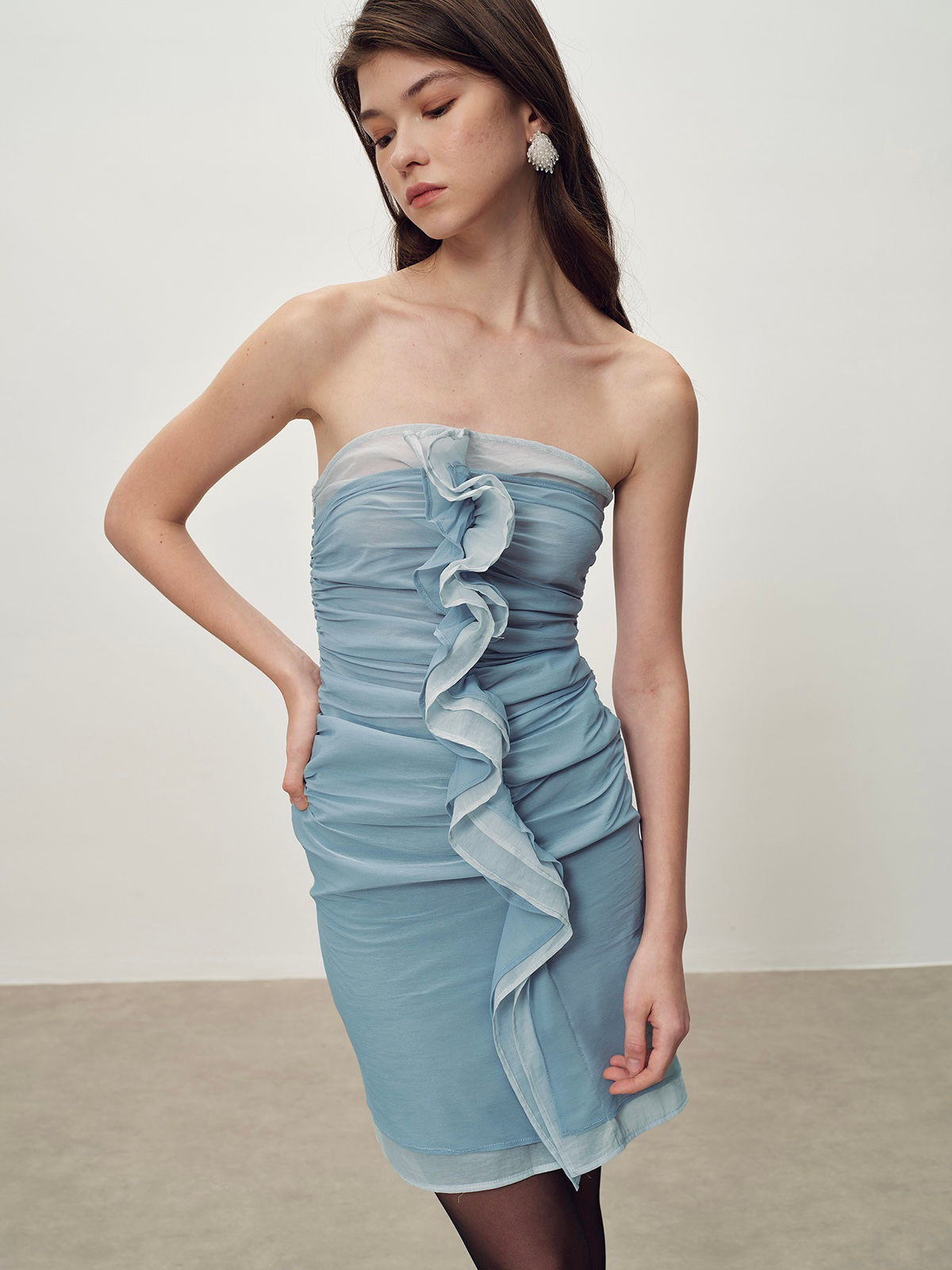 Blue Mesh Strapless Dress