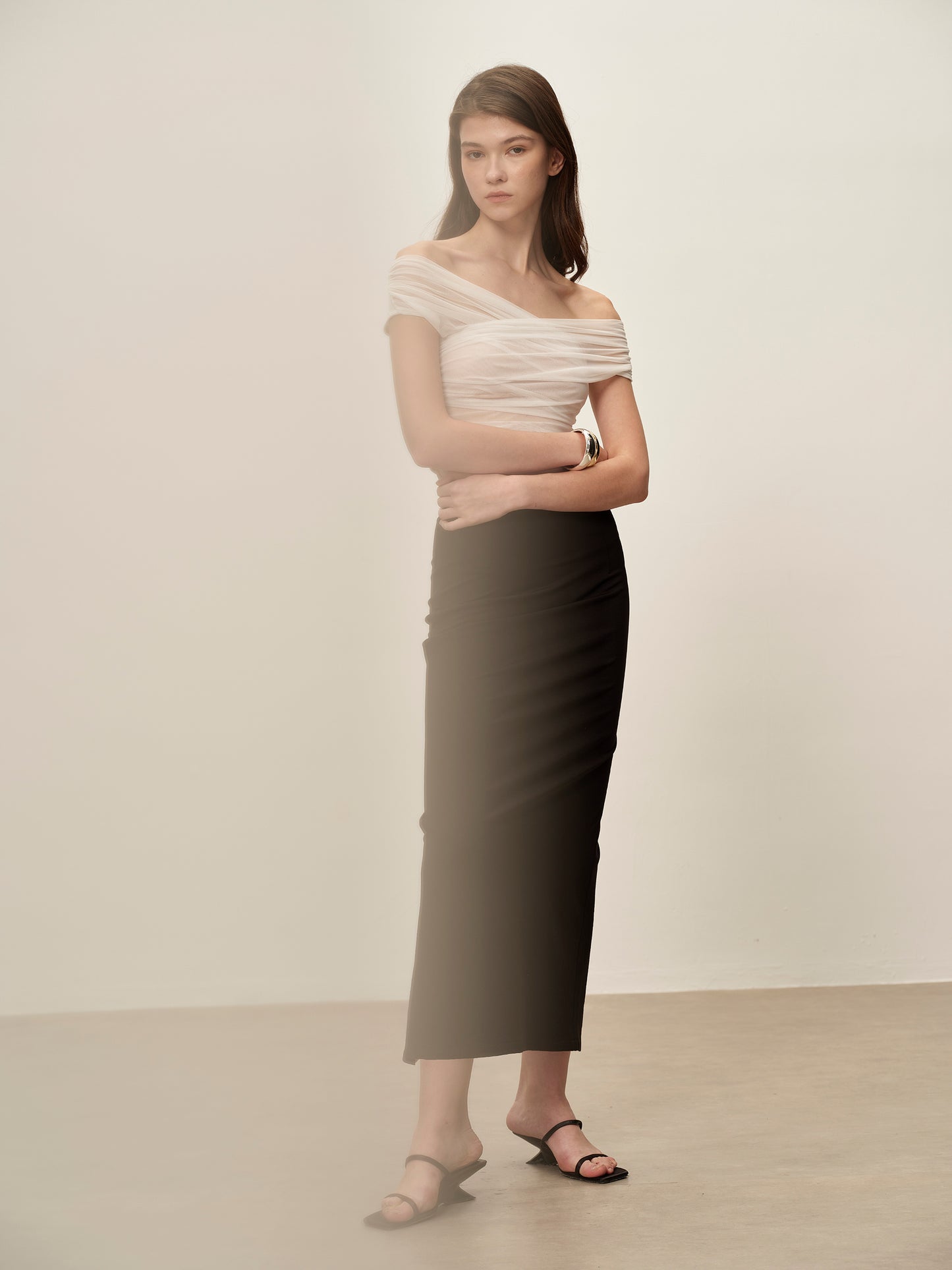 White One Shoulder Pleated Mesh T-shirt