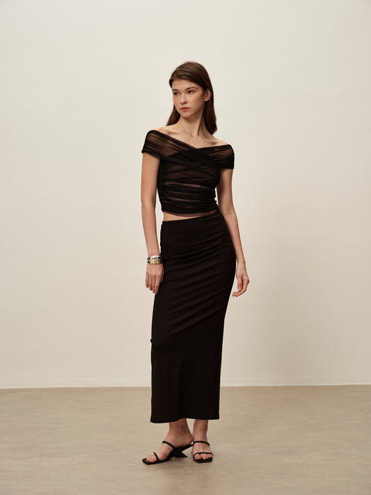 Black One Shoulder Pleated Mesh T-shirt