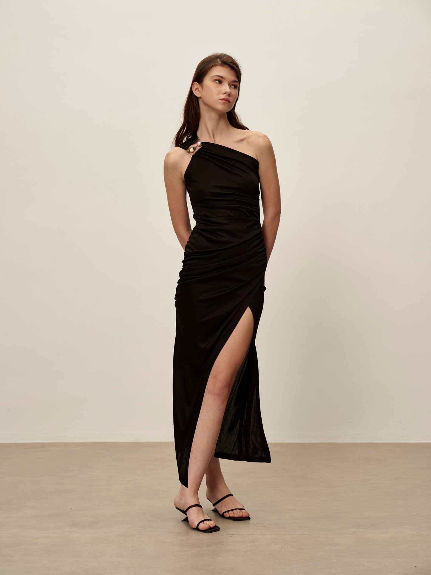 One Shoulder Acetate Dress Black