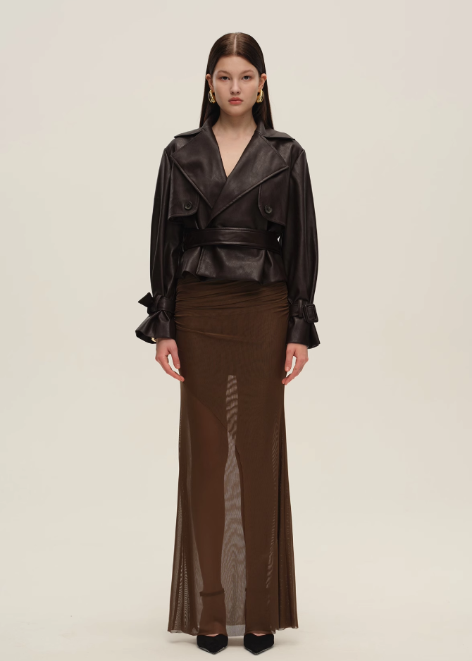 Dark Brown Short Vegan Leather Trench