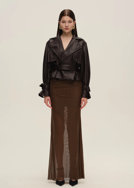 Dark Brown Short Vegan Leather Trench