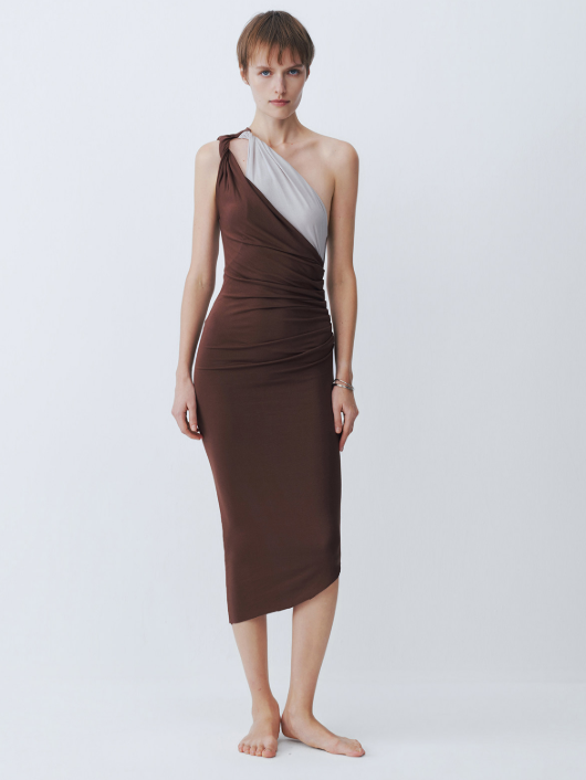 Two-Tone One-Shoulder Double-Tie Dress
