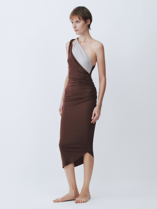 Two-Tone One-Shoulder Double-Tie Dress