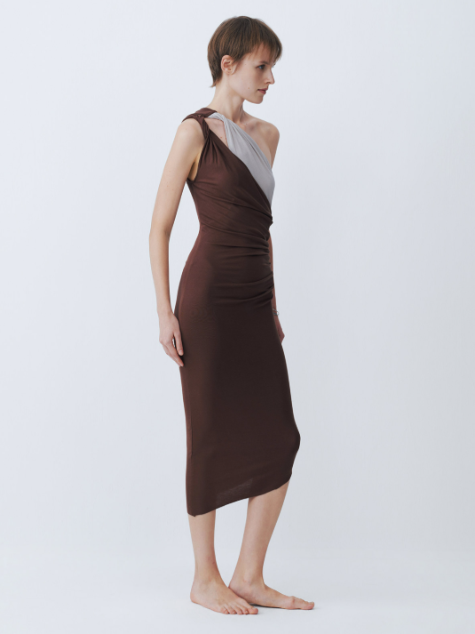 Two-Tone One-Shoulder Double-Tie Dress