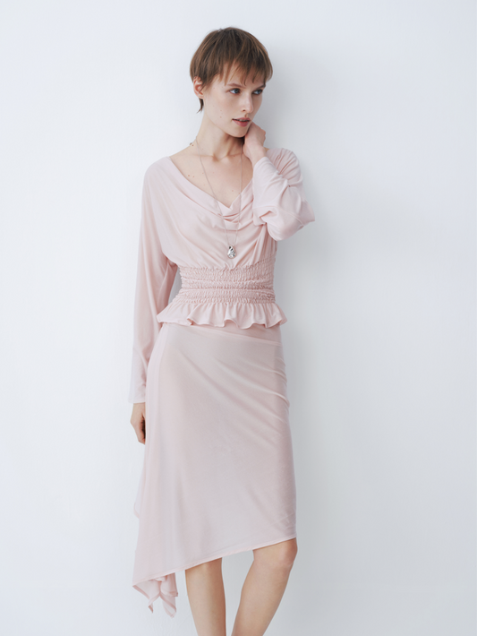 Pink Acetate Lapel Pleated Shirt With Scarf