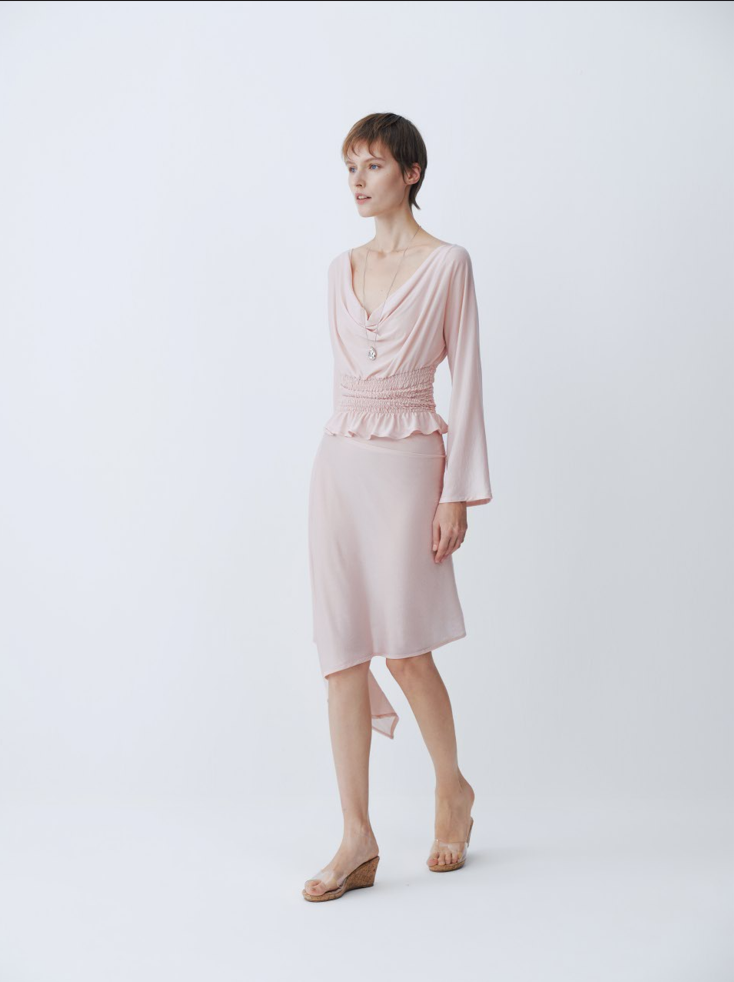 Pink Acetate Lapel Pleated Shirt With Scarf