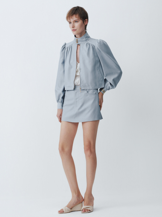 Blue linen stand-up collar puffed sleeve jacket