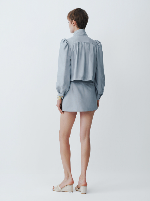 Blue linen stand-up collar puffed sleeve jacket