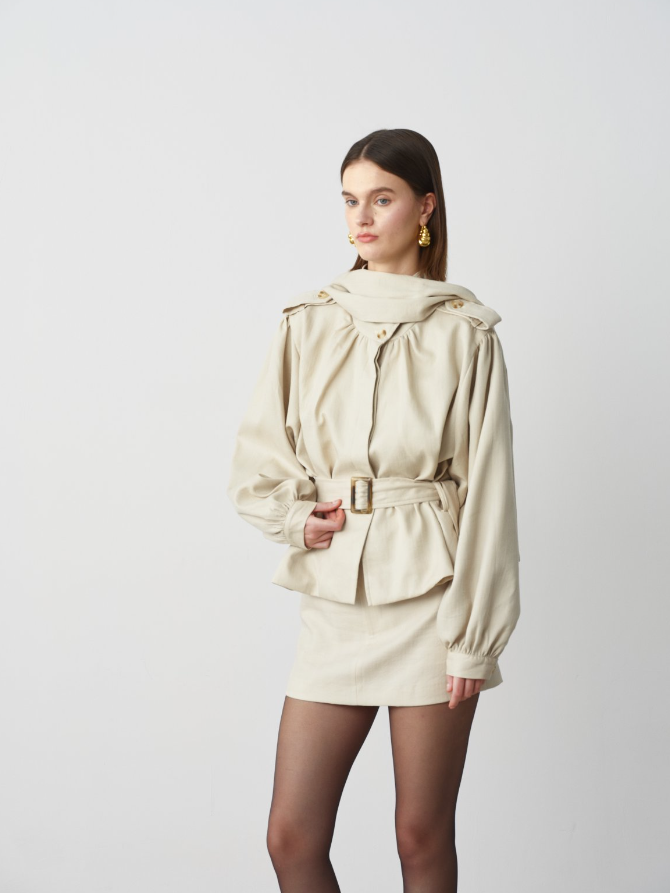 Linen Scarf Short Coat Khaki