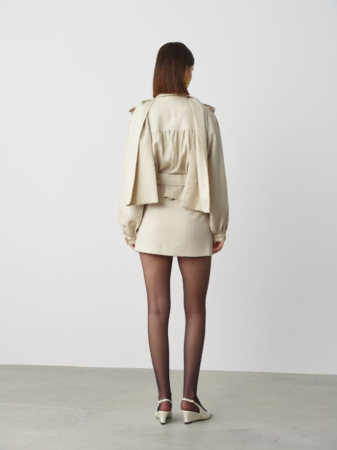 Linen Scarf Short Coat Khaki