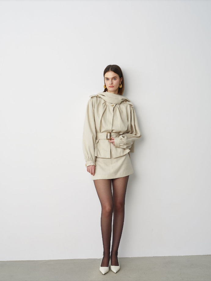 Linen Scarf Short Coat Khaki